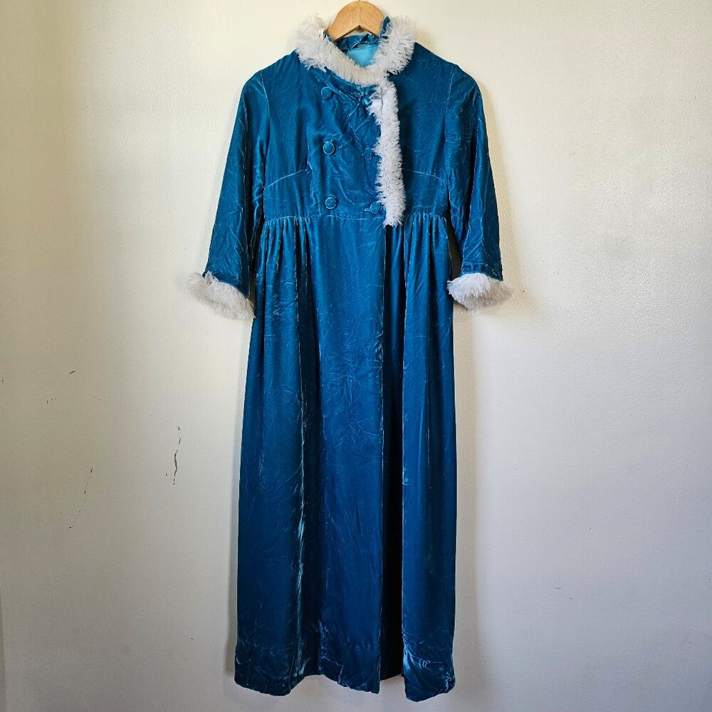 Vintage 60s‎ Mod Blue Velvet Empire Waist Winter Ice Jacket Coat Faux Fur XS